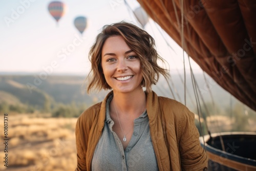 Portrait of a beautiful young woman smiling and looking at the camera while standing in a hot air balloon