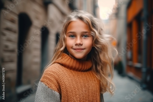 Portrait of a cute little girl with blond curly hair in a warm sweater on the street.