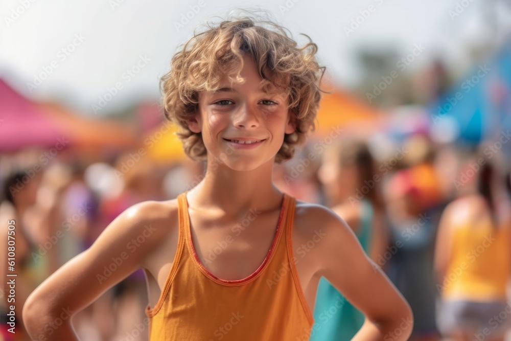 Medium shot portrait photography of a cheerful child male that is wearing a sporty tank top against an outdoor music festival with attendees having fun background .  Generative AI