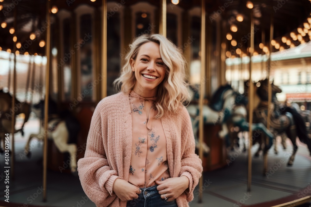 Medium shot portrait photography of a pleased woman in her 30s that is wearing a chic cardigan against an old-fashioned carousel in motion at a city square background .  Generative AI