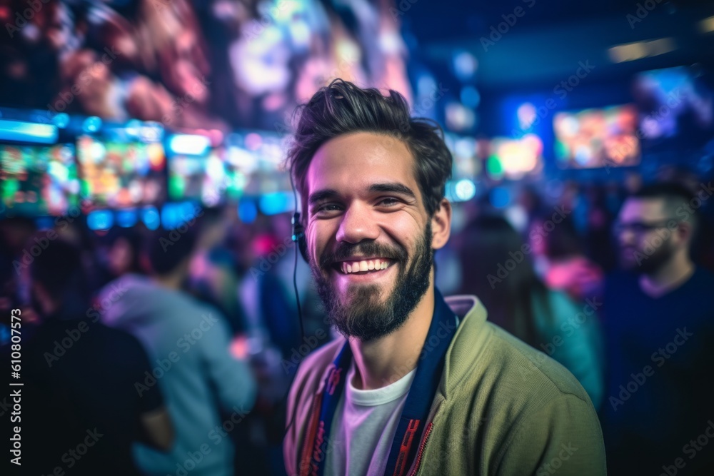 Medium shot portrait photography of a cheerful man in his 30s that is wearing a chic cardigan against a competitive video game tournament with players background .  Generative AI