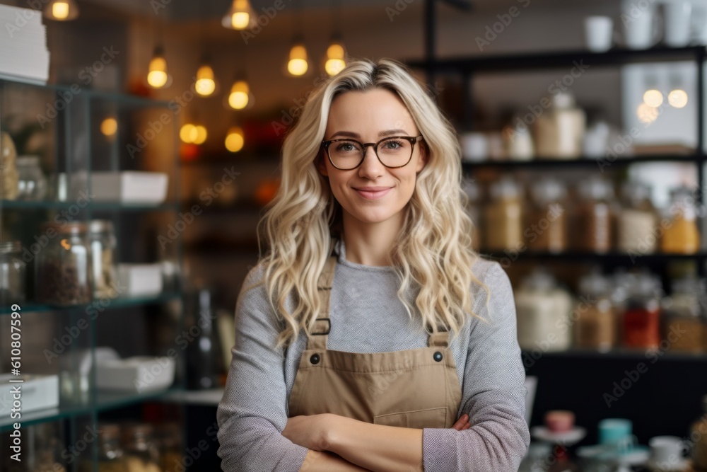 portrait of smiling female barista in apron standing with crossed arms at coffee shop