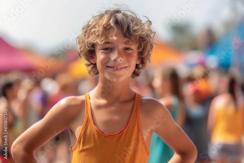 Medium shot portrait photography of a cheerful child male that is wearing a sporty tank top against an outdoor music festival with attendees having fun background .  Generative AI © Eber Braun