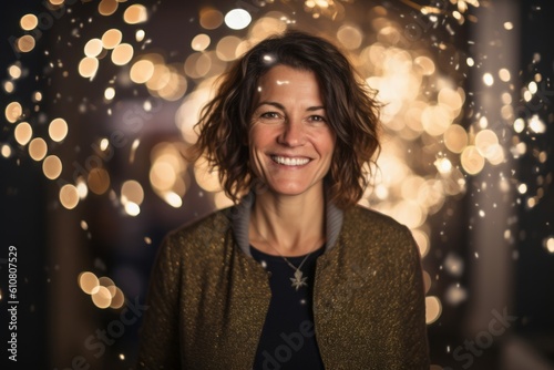Medium shot portrait photography of a grinning woman in her 40s that is wearing a chic cardigan against a celebratory new year's eve party with fireworks background .  Generative AI