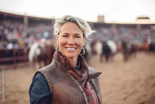 Portrait of a smiling cowgirl with her horse in a bullring