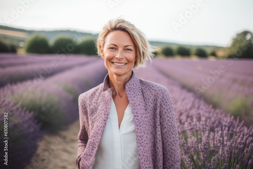 Portrait of happy mature woman standing in lavender field and smiling at camera