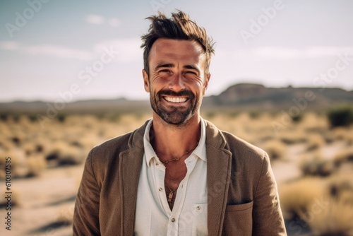 Portrait of handsome man smiling at camera while standing in the desert