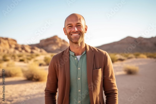Medium shot portrait photography of a cheerful man in his 30s that is wearing a chic cardigan against a desert background . Generative AI