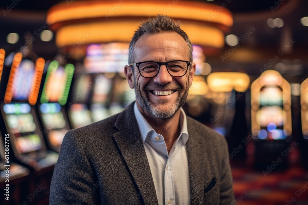 Portrait of a smiling mature man with eyeglasses in casino