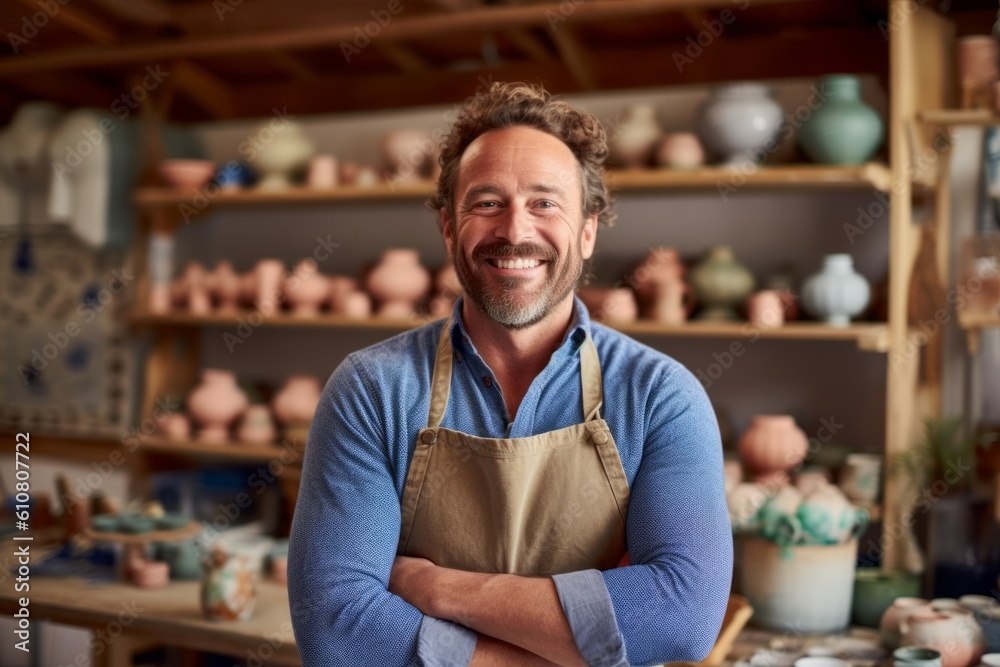 Portrait of smiling potter standing with arms crossed in pottery studio Portrait of smiling potter standing with arms crossed in pottery studio