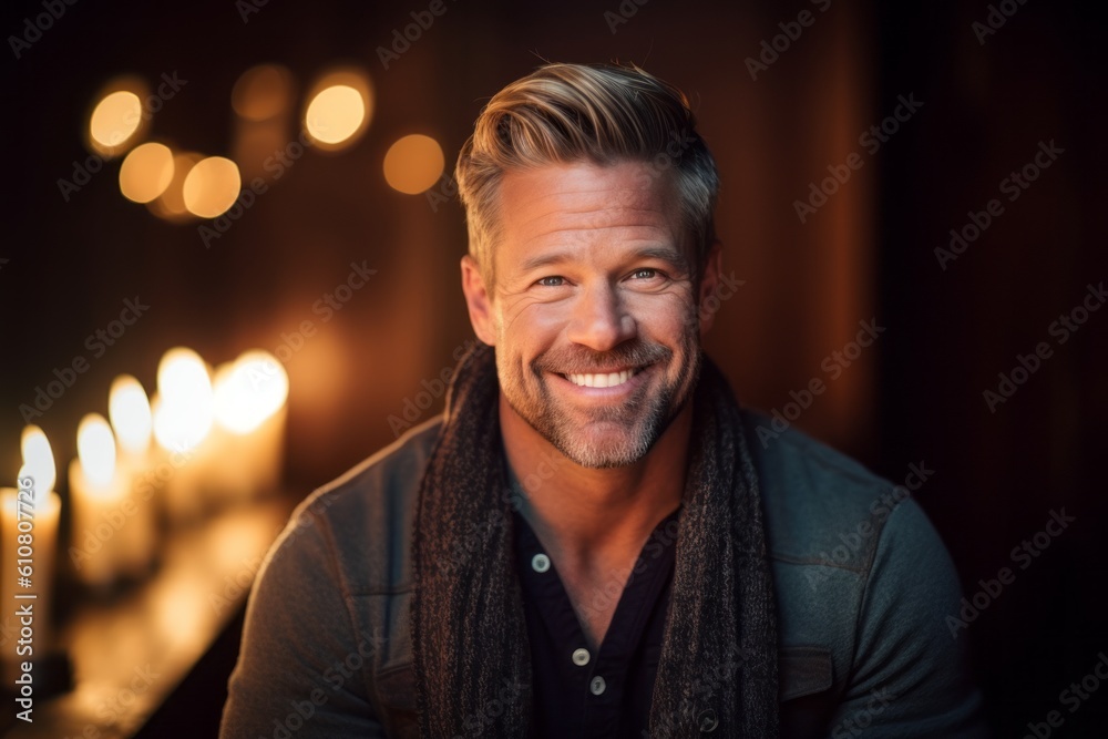 Medium shot portrait photography of a cheerful man in his 40s that is wearing a chic cardigan against a candlelit date night setting with a romantic ambiance background . Generative AI Medium shot portrait photography of a cheerful man in his 40s that is wearing a chic cardigan against a candlelit date night setting with a romantic ambiance background . Generative AI