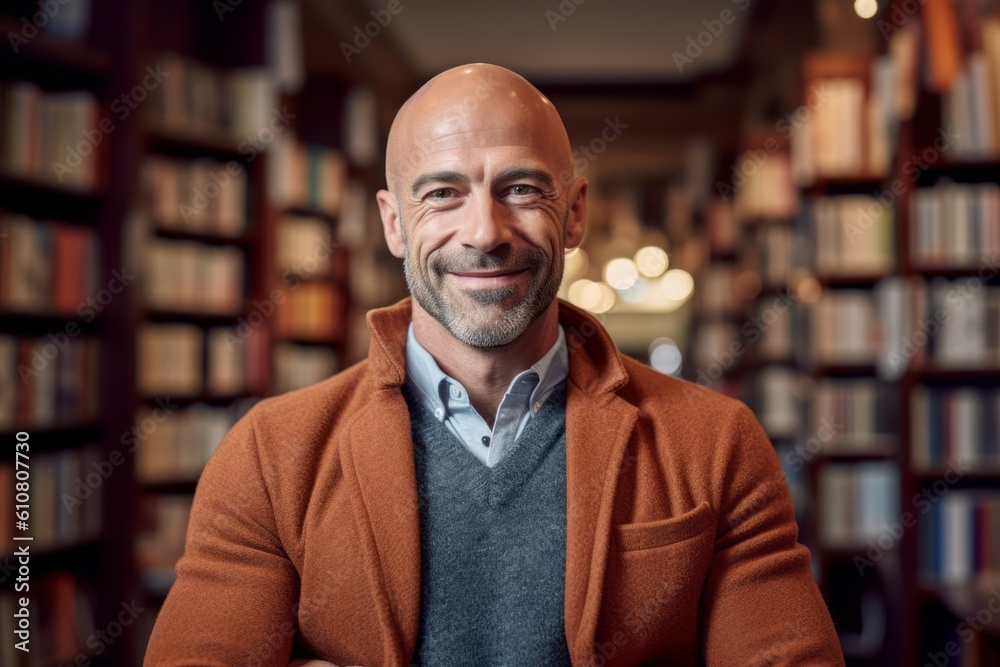 Portrait of a smiling mature man standing in a library and looking at the camera Portrait of a smiling mature man standing in a library and looking at the camera