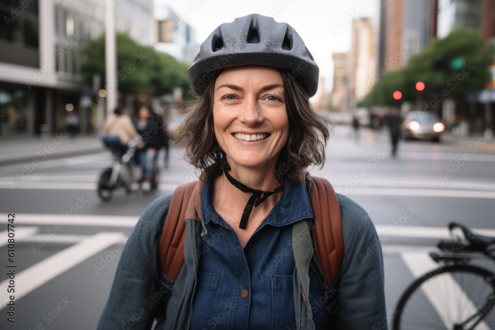 Medium shot portrait photography of a grinning woman in her 40s that is wearing a cool cap or hat against a bustling city intersection with cyclists and pedestrians background .  Generative AI