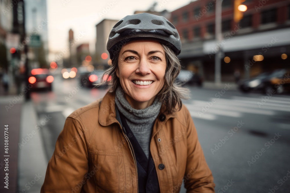 Medium shot portrait photography of a grinning woman in her 40s that is wearing a cool cap or hat against a bustling city intersection with cyclists and pedestrians background .  Generative AI
