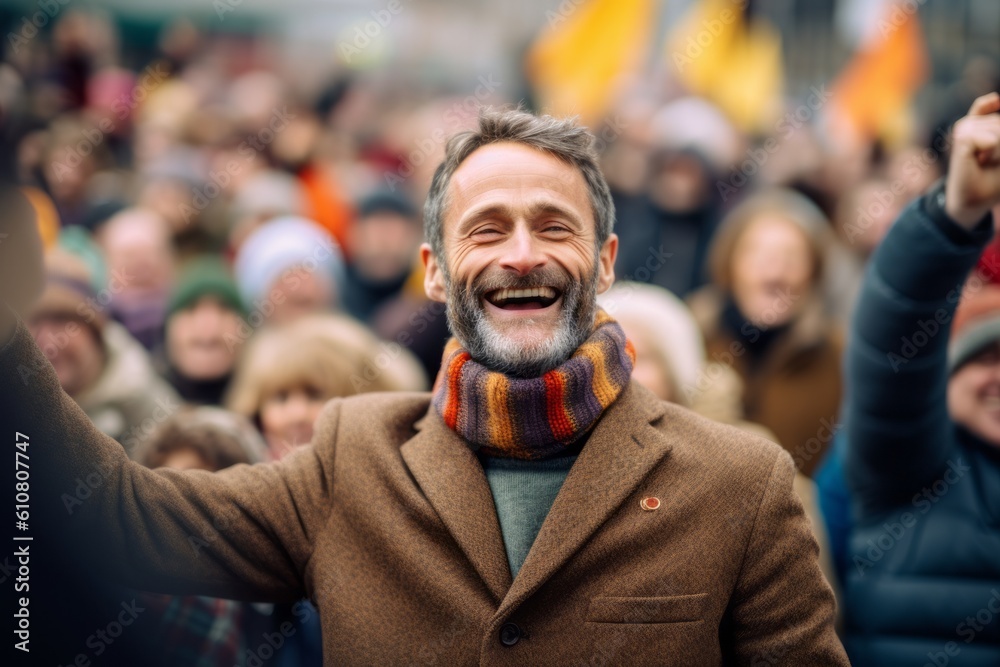 Fototapeta premium Portrait of happy man taking selfie with crowd of people