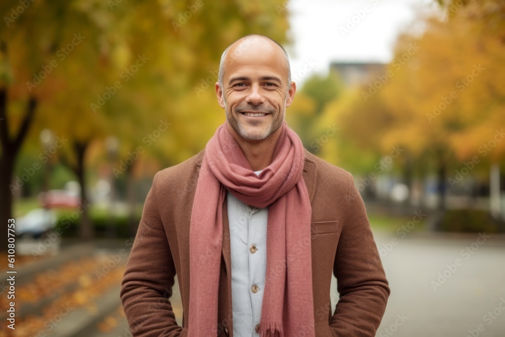 Handsome middle-aged man in a coat and scarf in an autumn park Handsome middle-aged man in a coat and scarf in an autumn park