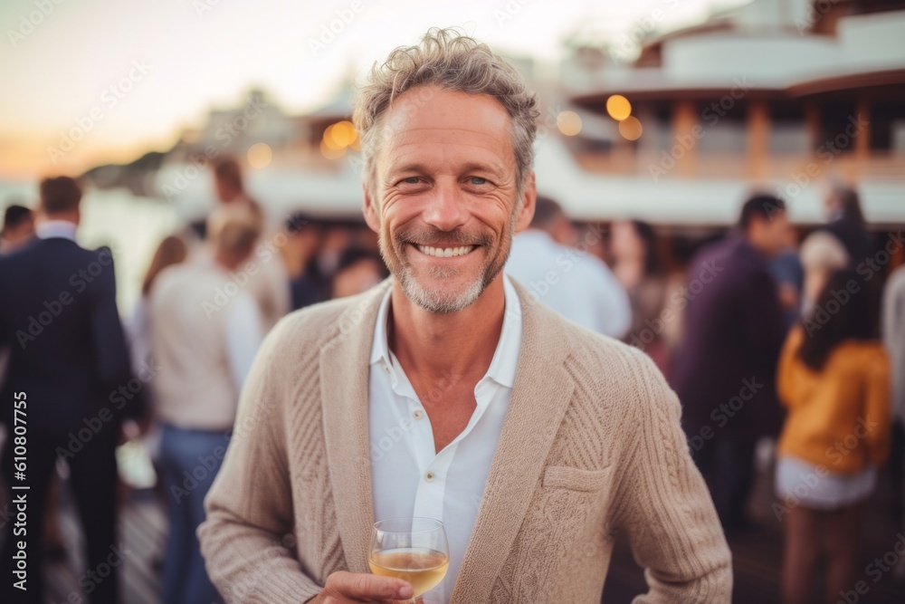 Medium shot portrait photography of a cheerful man in his 40s that is wearing a chic cardigan against a luxurious yacht party with people mingling background .  Generative AI