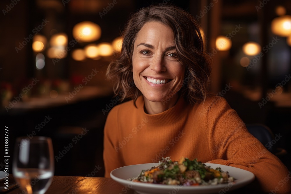 Medium shot portrait photography of a grinning woman in her 40s that is wearing a cozy sweater against a beautifully plated gourmet meal being served background .  Generative AI