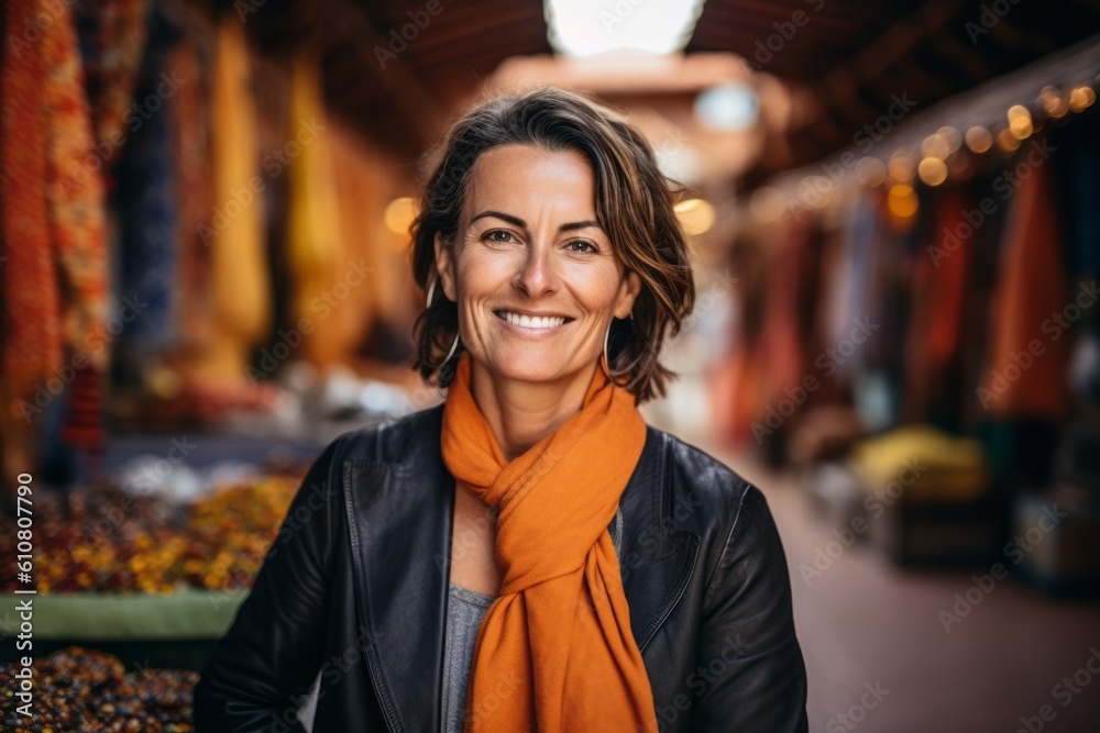 Medium shot portrait photography of a grinning woman in her 40s that is wearing a classic blazer against a traditional moroccan market with bright colors and flavors background .  Generative AI