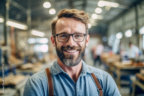 Medium shot portrait photography of a cheerful man in his 30s that is wearing a simple tunic against a busy factory assembly line with workers background . Generative AI