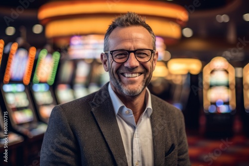 Portrait of a smiling mature man with eyeglasses in casino