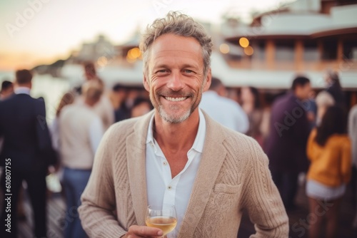 Obraz na płótnie Medium shot portrait photography of a cheerful man in his 40s that is wearing a chic cardigan against a luxurious yacht party with people mingling background . Generative AI w salonie