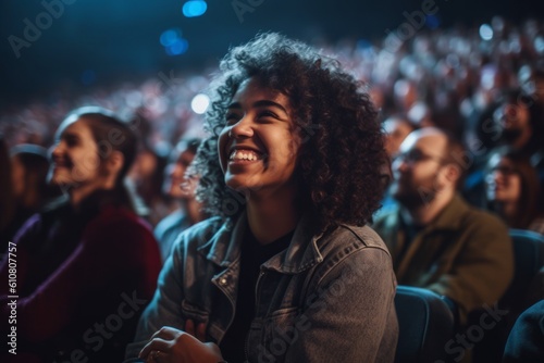 Medium shot portrait photography of a pleased woman in her 30s that is wearing a cozy sweater against a crowded concert hall during a live performance background . Generative AI