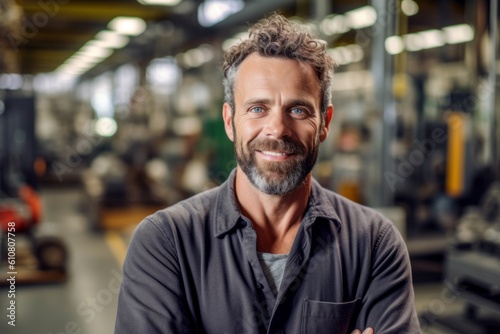 Medium shot portrait photography of a cheerful man in his 30s that is wearing a simple tunic against a busy factory assembly line with workers background .  Generative AI