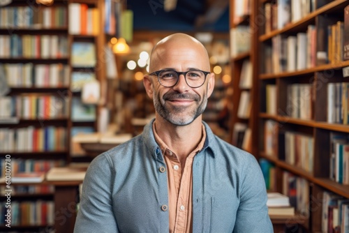 Portrait of smiling mature man in eyeglasses standing in library