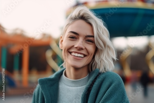 Medium shot portrait photography of a pleased woman in her 30s that is wearing a cozy sweater against a lively amusement park with a roller coaster background . Generative AI