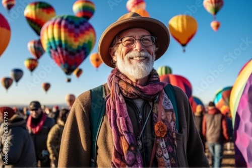 Caucasian senior man with gray beard and mustache wearing hat and scarf on the background of colorful hot air balloons festival