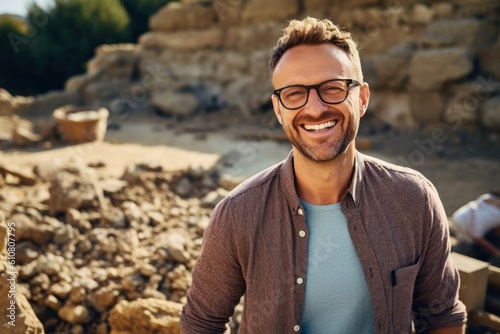 Portrait of a handsome young man with eyeglasses smiling outdoors