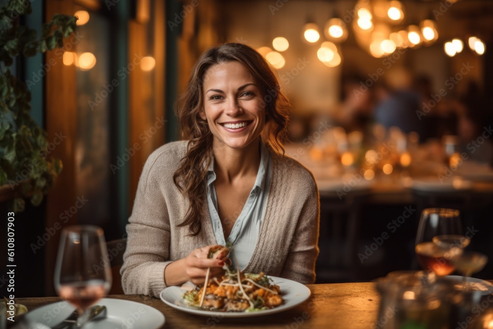 Portrait of a smiling woman sitting at a table in a restaurant