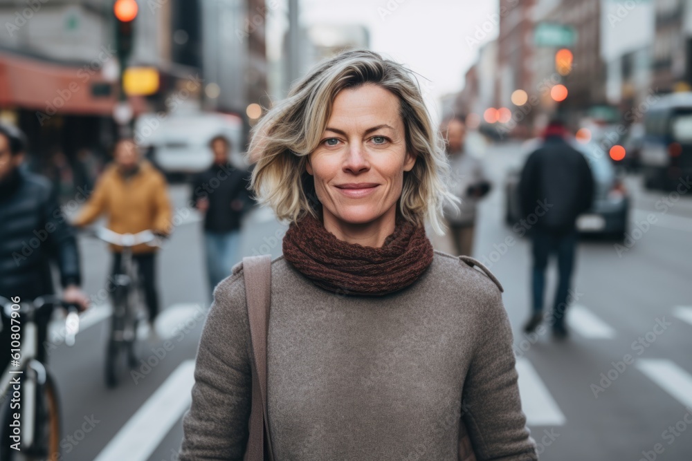 Fototapeta premium beautiful middle aged woman walking on street in city and looking at camera