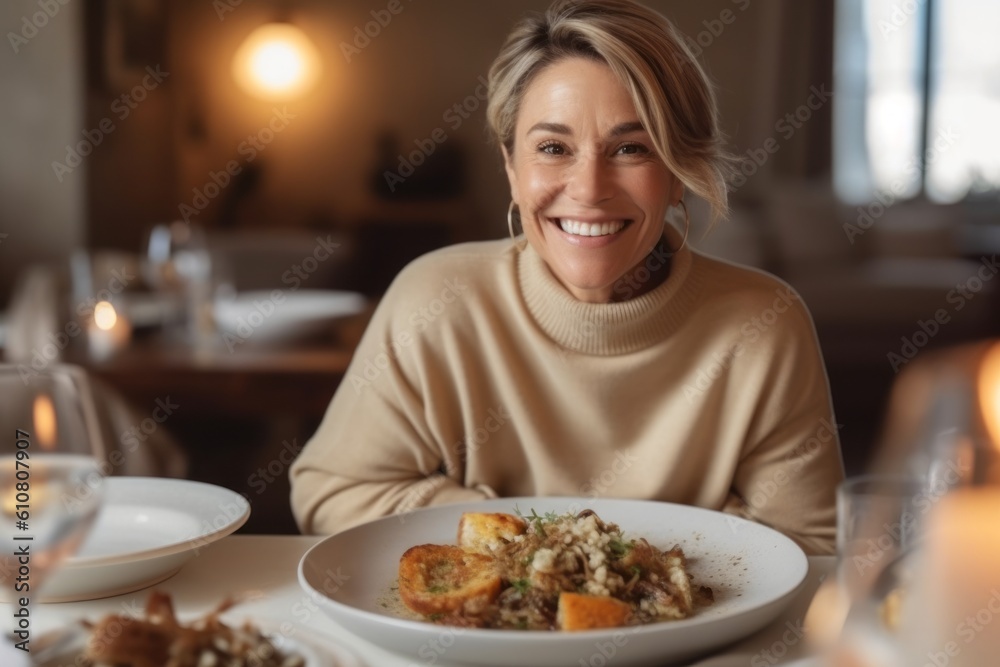 Medium shot portrait photography of a grinning woman in her 40s that is wearing a cozy sweater against a beautifully plated gourmet meal being served background .  Generative AI