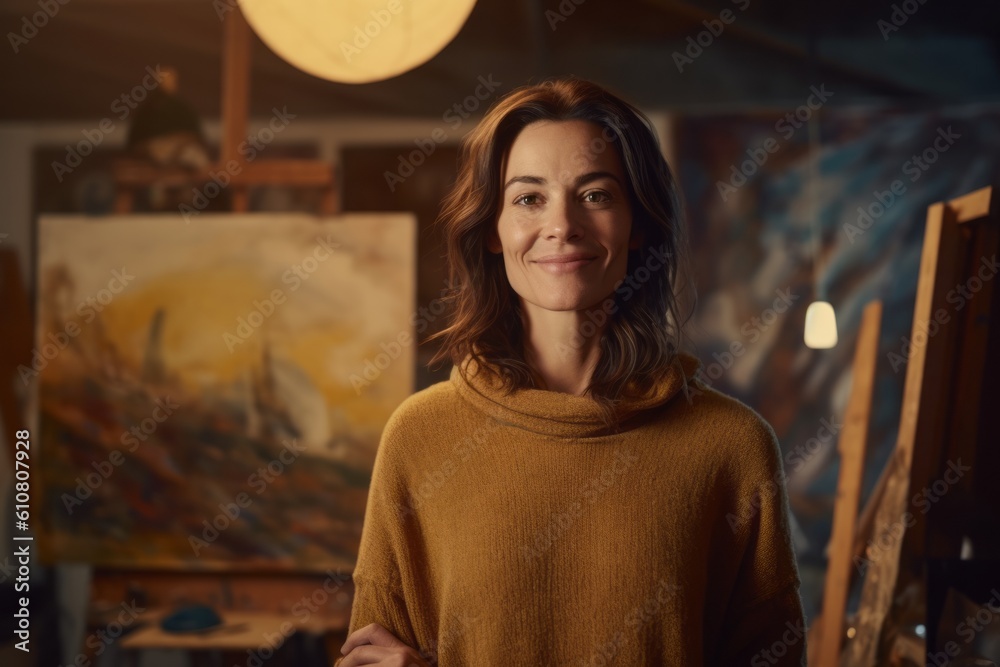 Medium shot portrait photography of a grinning woman in her 40s that is wearing a cozy sweater against a quiet painting studio with artists creating masterpieces background .  Generative AI