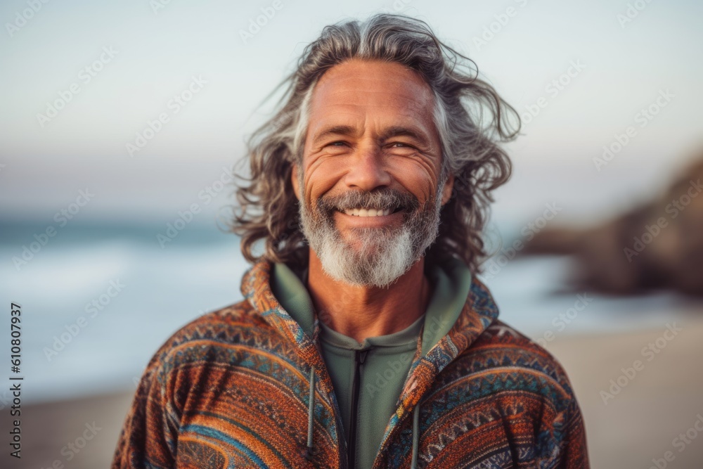 Portrait of smiling senior man standing on beach at sunrise in the morning Portrait of smiling senior man standing on beach at sunrise in the morning