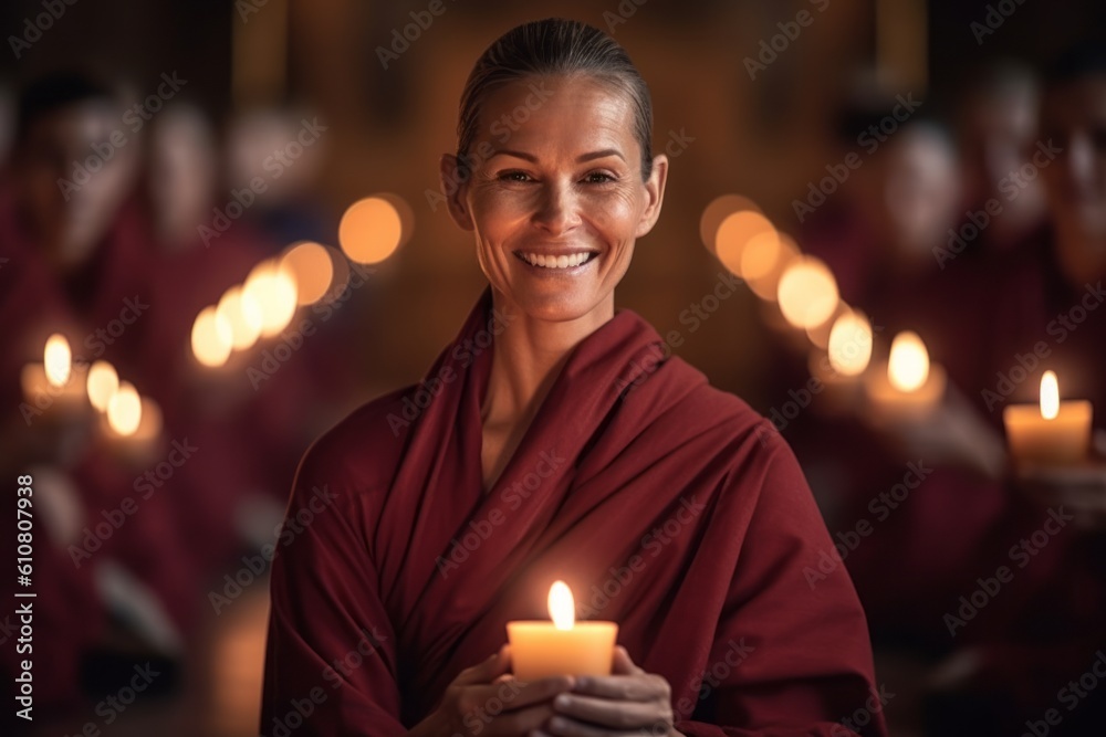 Portrait of smiling Buddhist woman holding candle in buddhist temple Portrait of smiling Buddhist woman holding candle in buddhist temple
