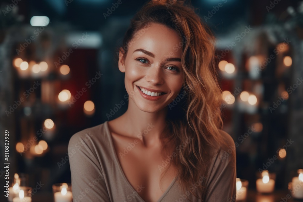 Portrait of a beautiful young woman in a room with candles. Portrait of a beautiful young woman in a room with candles.