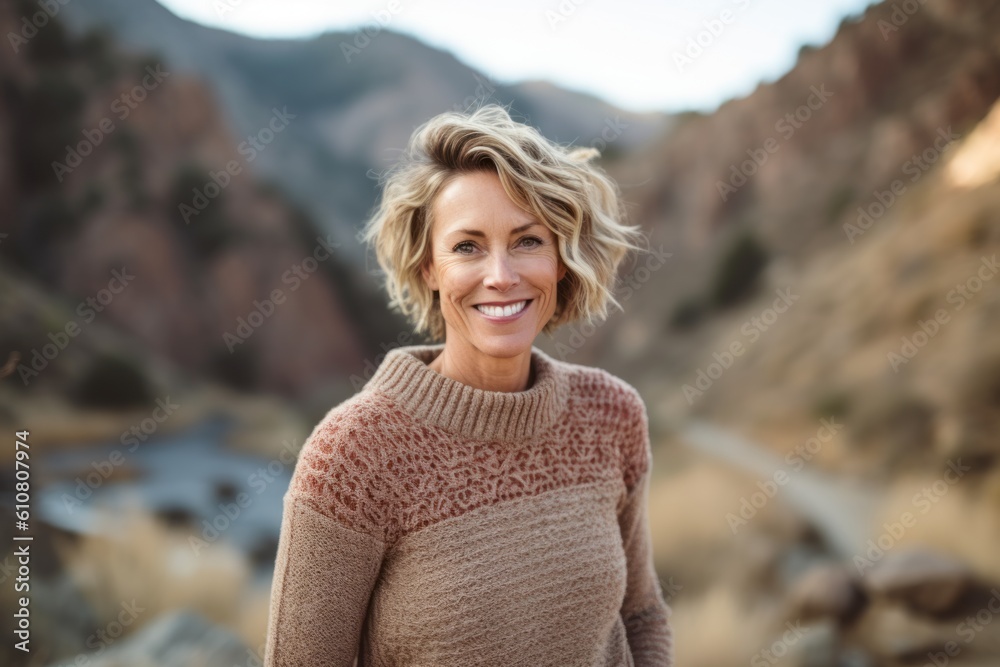 Portrait of smiling mature woman standing in front of river in mountains Portrait of smiling mature woman standing in front of river in mountains