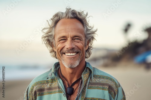 Portrait of happy senior man smiling at camera on beach during sunset