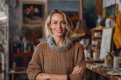 Portrait of a smiling female artist standing with her arms crossed in her studio