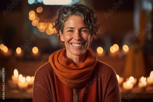 Medium shot portrait photography of a grinning woman in her 40s that is wearing a cozy sweater against a serene meditation retreat with monks and candles background . Generative AI