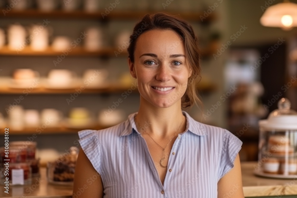 Portrait of smiling female customer looking at camera at coffee shop counter Portrait of smiling female customer looking at camera at coffee shop counter