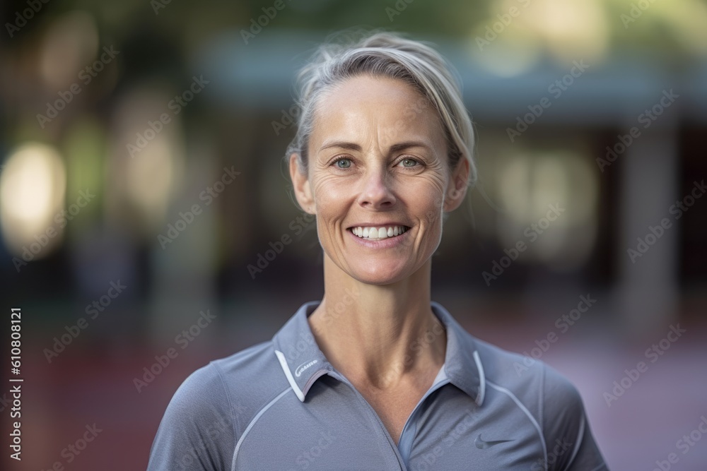 Portrait of smiling mature woman in sportswear against blurred background Portrait of smiling mature woman in sportswear against blurred background
