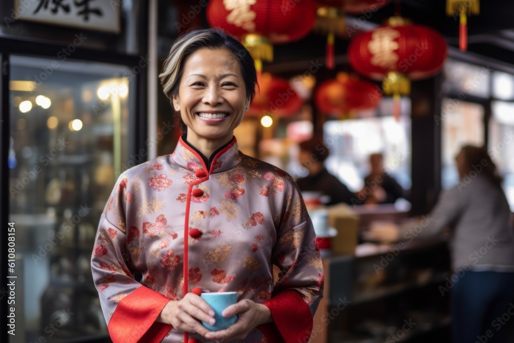 Portrait of happy Chinese woman holding a cup of tea in a restaurant