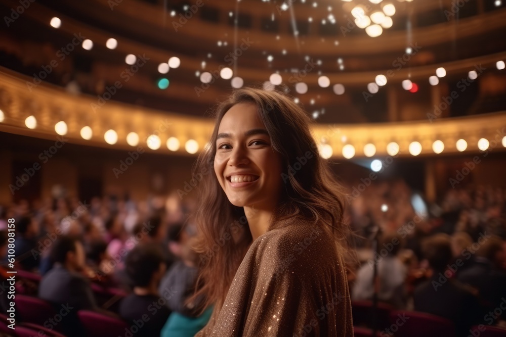 Portrait of a beautiful asian woman looking at the camera and smiling while sitting in the auditorium Portrait of a beautiful asian woman looking at the camera and smiling while sitting in the auditorium