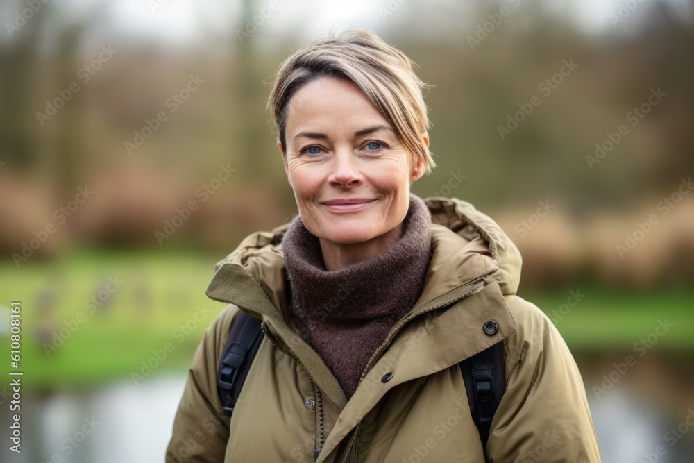 Portrait of a beautiful middle aged woman in a park in winter Portrait of a beautiful middle aged woman in a park in winter