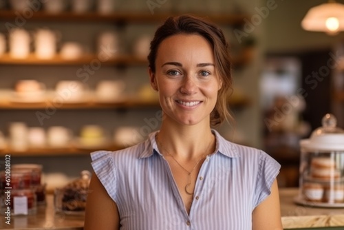Portrait of smiling female customer looking at camera at coffee shop counter