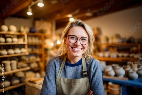 Medium shot portrait photography of a cheerful woman in her 30s that is wearing a chic cardigan against a traditional pottery studio with craftspeople at work background . Generative AI